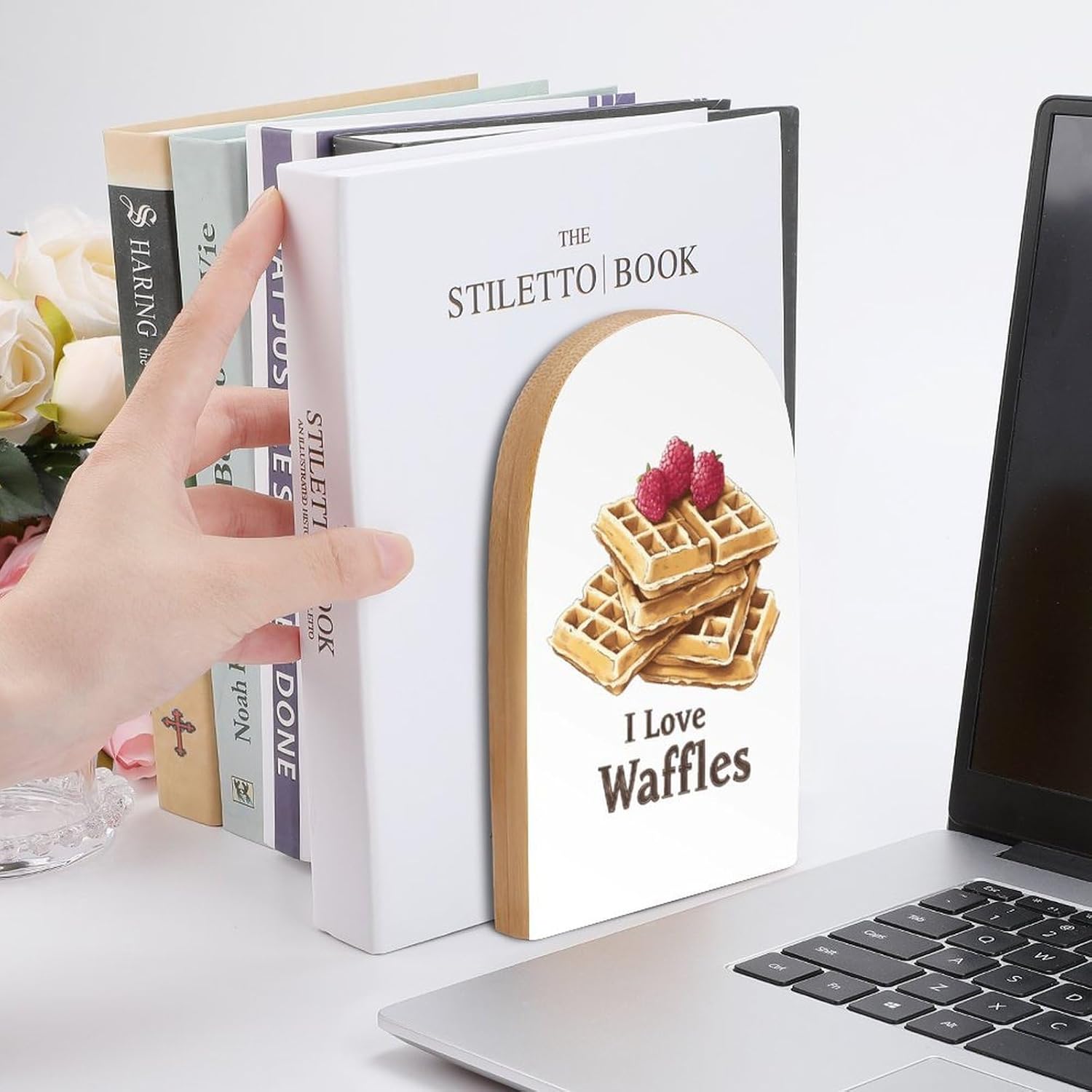 I Love Waffles1 Cute Wood Book Ends Decorative Bookends 1 Pair Non-Skid for Shelves Home Office 7 X 5 Inch