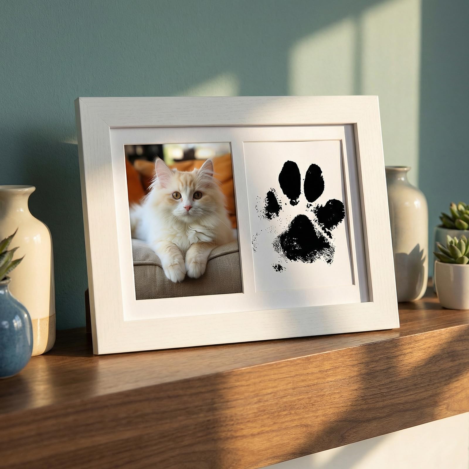 Cadre Photo Bois Empreinte Chien Chat Bébé avec Tampons Encreurs et Cartes d'Impression