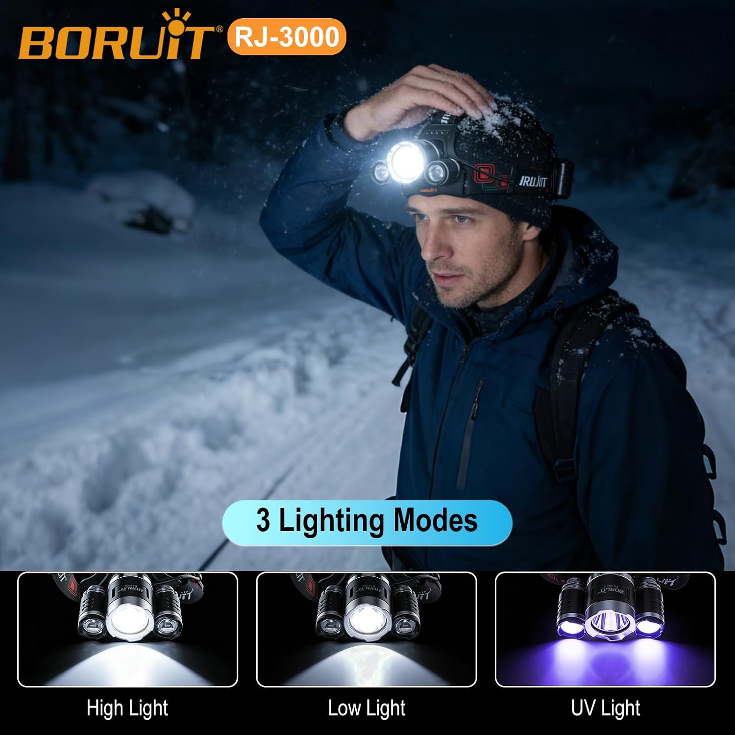 BORUIT Headlamp with Black Light, Super Bright Hunting Head Lamp 3 Modes, USB C Rechargeable Head Light, 90° Adjustable, IPX5 Waterproof for Hardhat Camping Hiking Fishing