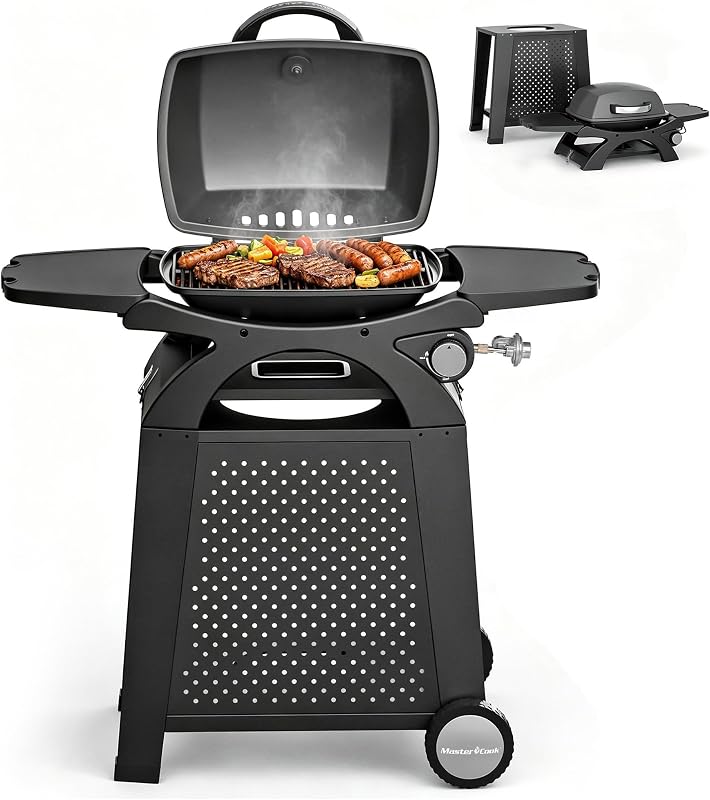 Parrilla de gas propano de un solo quemador, parrilla portátil de mesa de 11,500 BTU con carrito para patio, camping, viajes