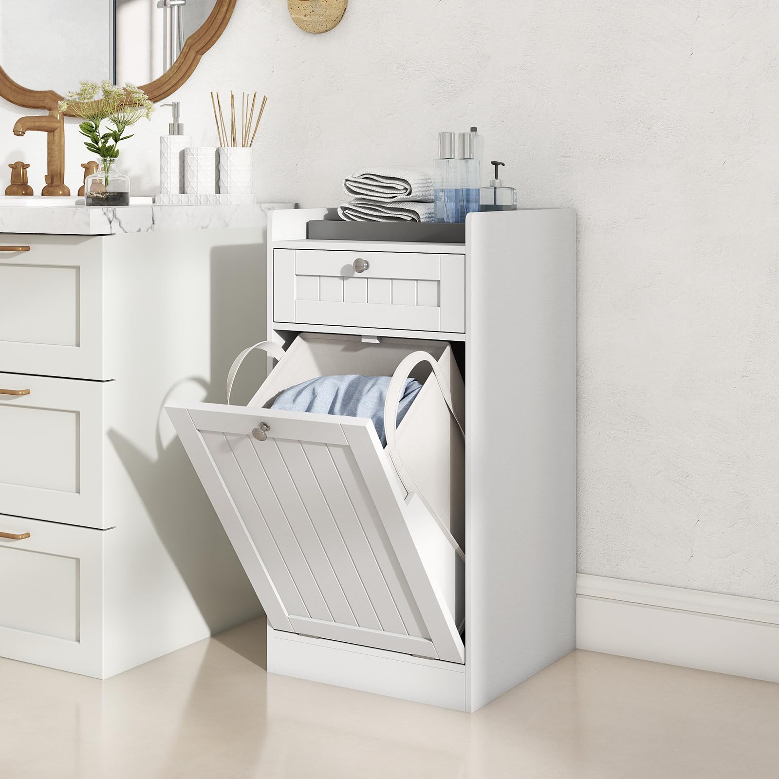 COSTWAY Kippbarer Wäscheschrank, freistehender Badezimmerschrank mit Regal, Schublade & abnehmbarem Wäschesack, moderner Badschrank mit Griffen für Badezimmer, Weiß (40,5 x 40 x 80 cm)