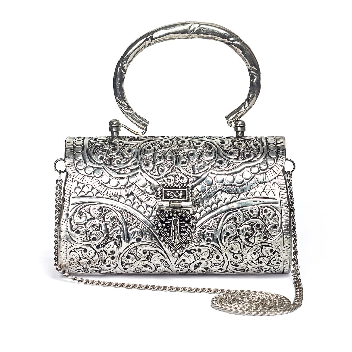 mls handicrafts Premium German Silver Clutch Purse for Women & Girls | Traditional Handcrafted Design | Detachable Metal Chain Handle | Wedding, Party & Ethnic Wear Handbag-picture-13