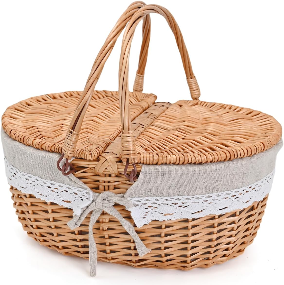 Wicker Picnic Basket with Removable Liner Empty Picnic Baskets with Lid, Picnic Hamper with Foldable Handles for Picnic, Grey Linen