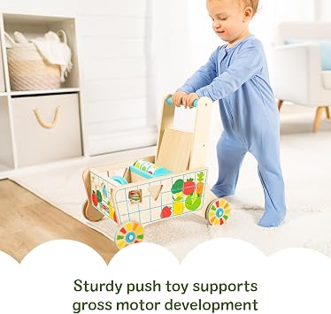 Melissa & Doug Wooden Shape Sorting Grocery Cart - Toddler Toys with 12 Blocks, Puzzle Board and Coffee Cup for Pretend Play and Montessori Toys - FSC Certified