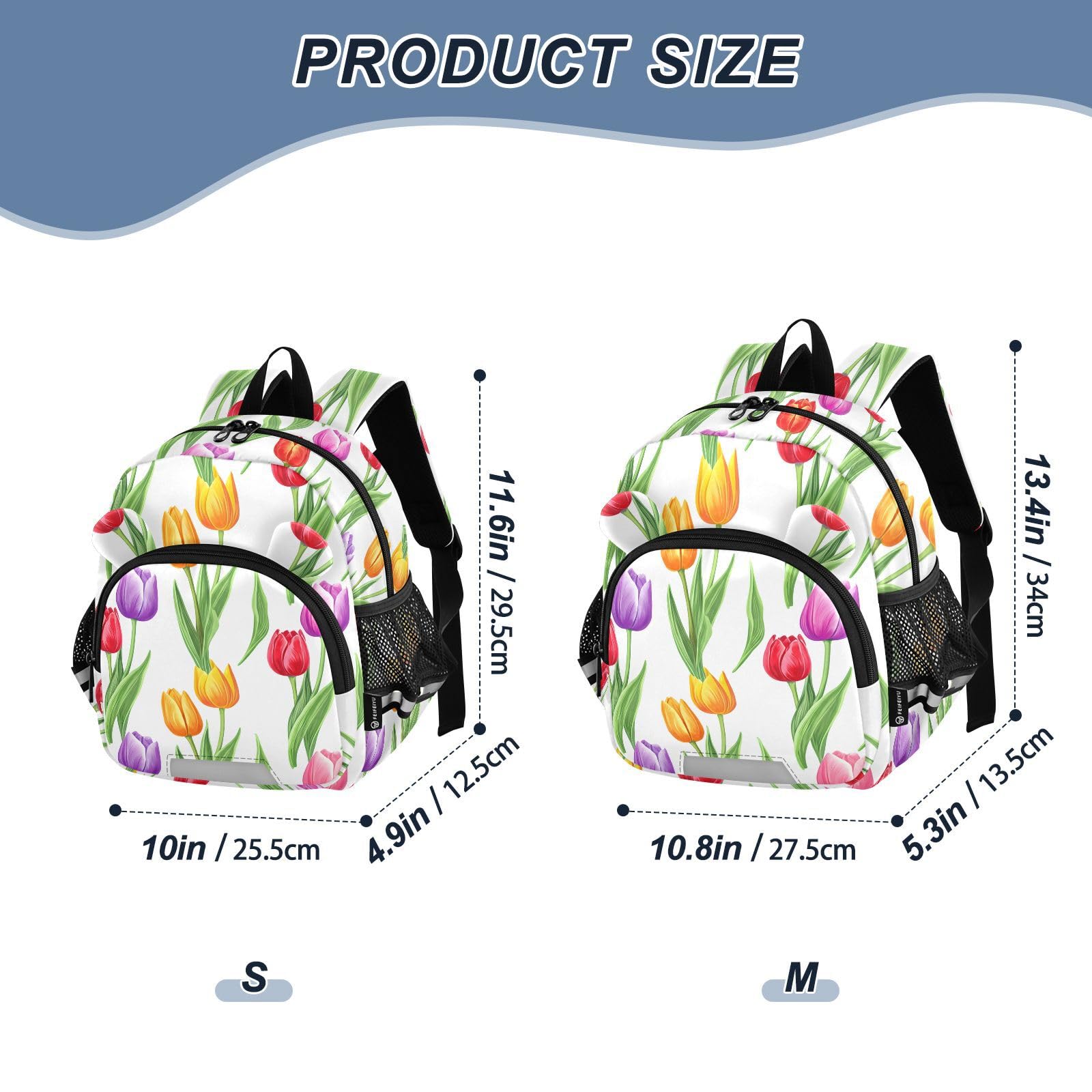 Colorful Tulip Flowers White Toddler Harness Backpack for Boys Girls 3-6 Years Kids Backpack with Anti Lost Safety Leash Baby Protection Backpack for Preschool Walking Travel