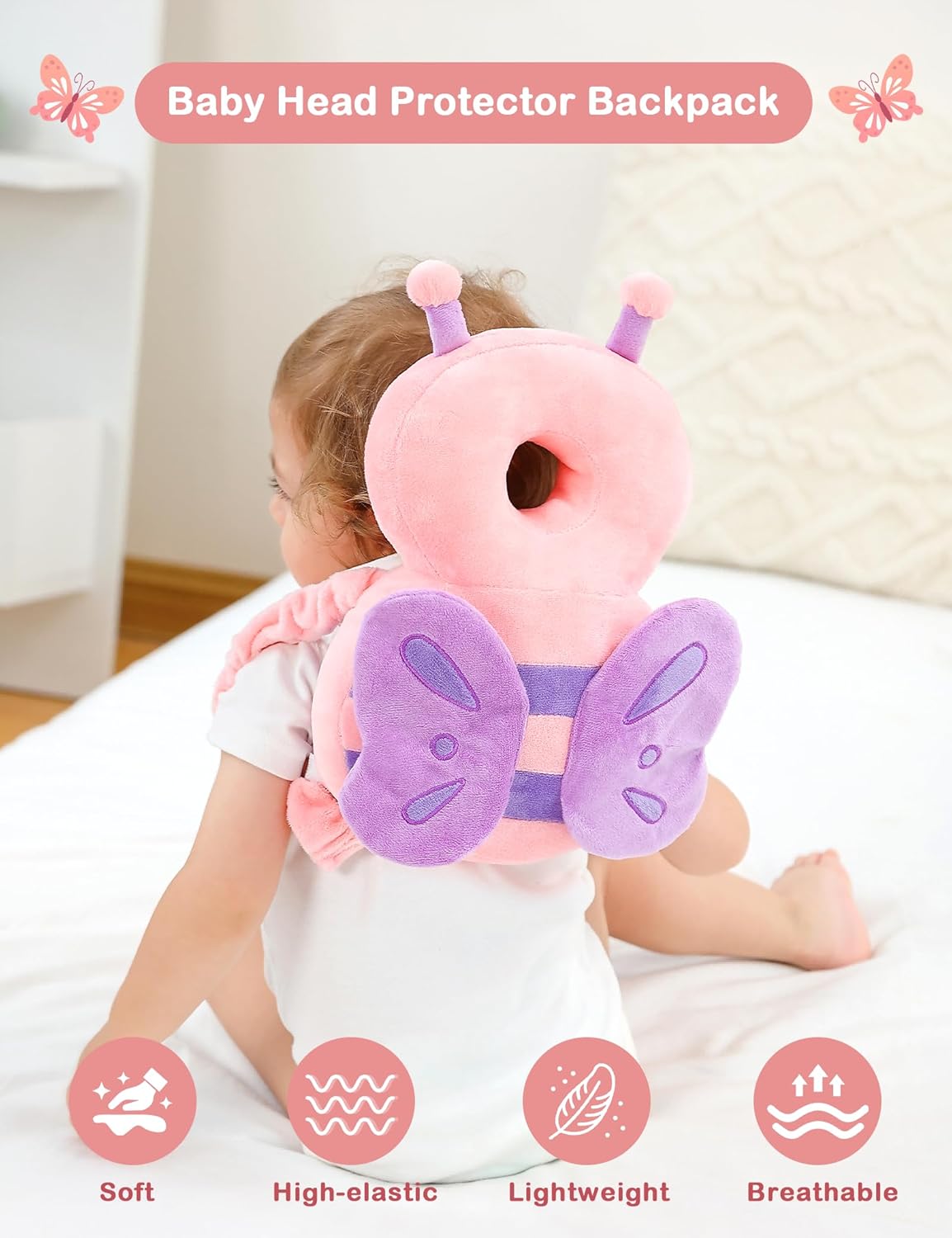 JunNeng Baby Head Protector Backpack, Toddler Walking Fall Head Protection, Pink Butterfly