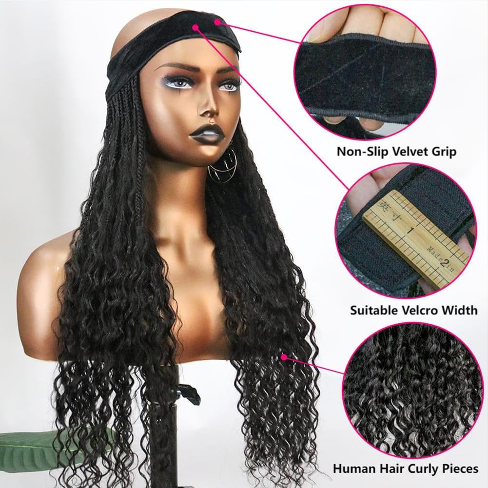 Boho Box Braids Band Wig Pre-Braided Synthetic Braids with Human Hair Curls Braiding Hair Without Baseball Cap Hat for Black and White Women Black Band With Hair Attached Wear and Go 18Inch