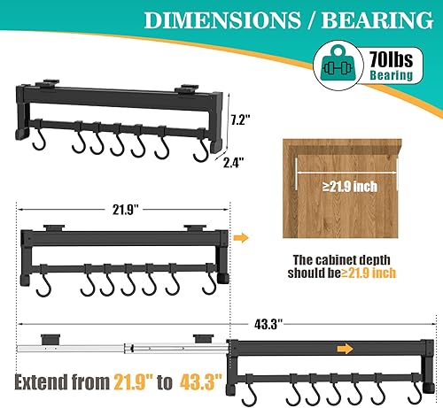 Miniatura 2 de SOYO Estantes ajustables para ollas de 22 pulgadas, organizador extraíble para ollas y sartenes con 7 ganchos, armario de cocina extensible para