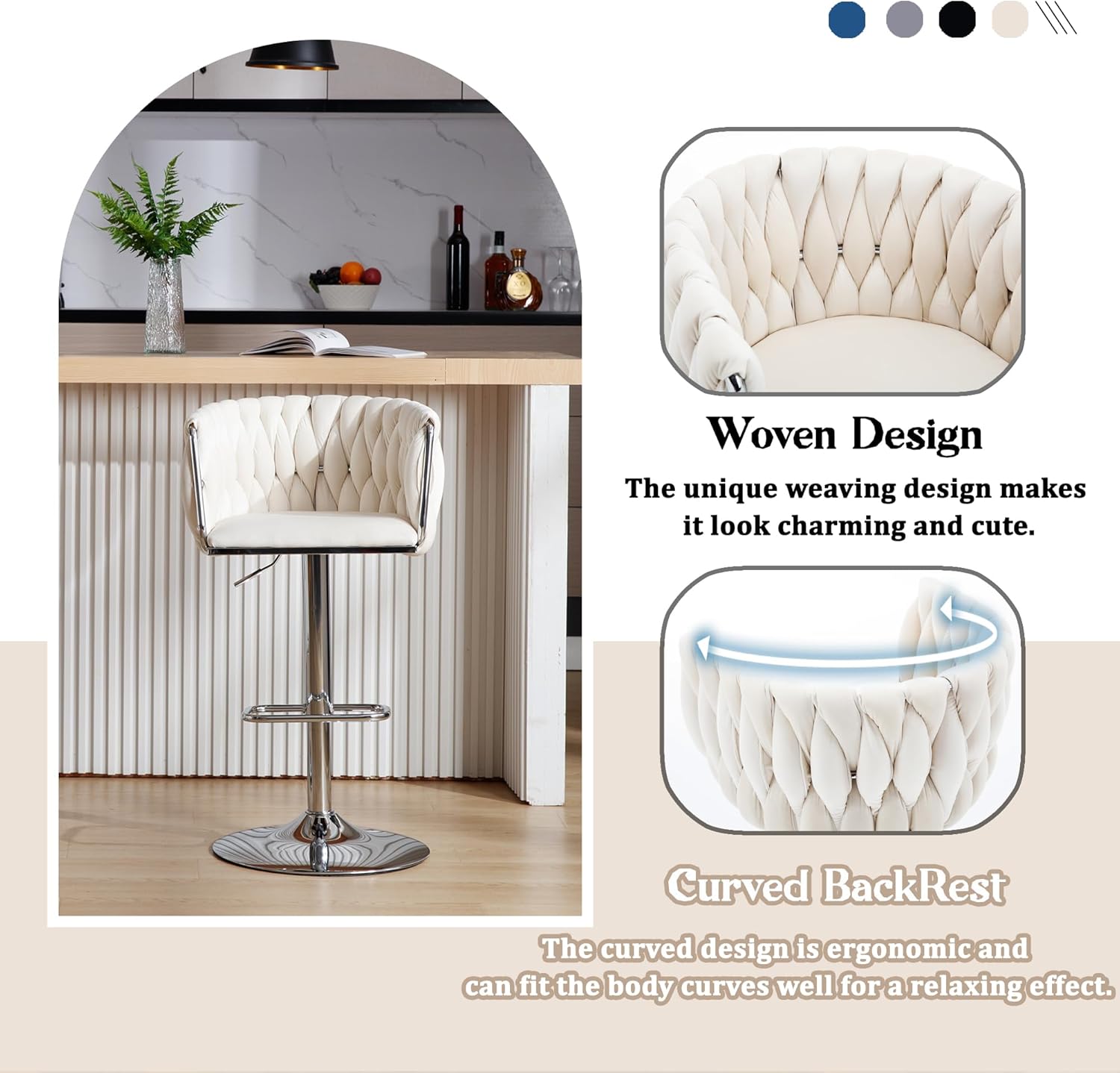 Velvet Swivel Bar Stools Set of 2, Counter Height Adjustable Swivel Barstools with Footrest Chrome Base, Modern Upholstered Bar Chairs for Kitchen Island, Bar Pub (Beige)