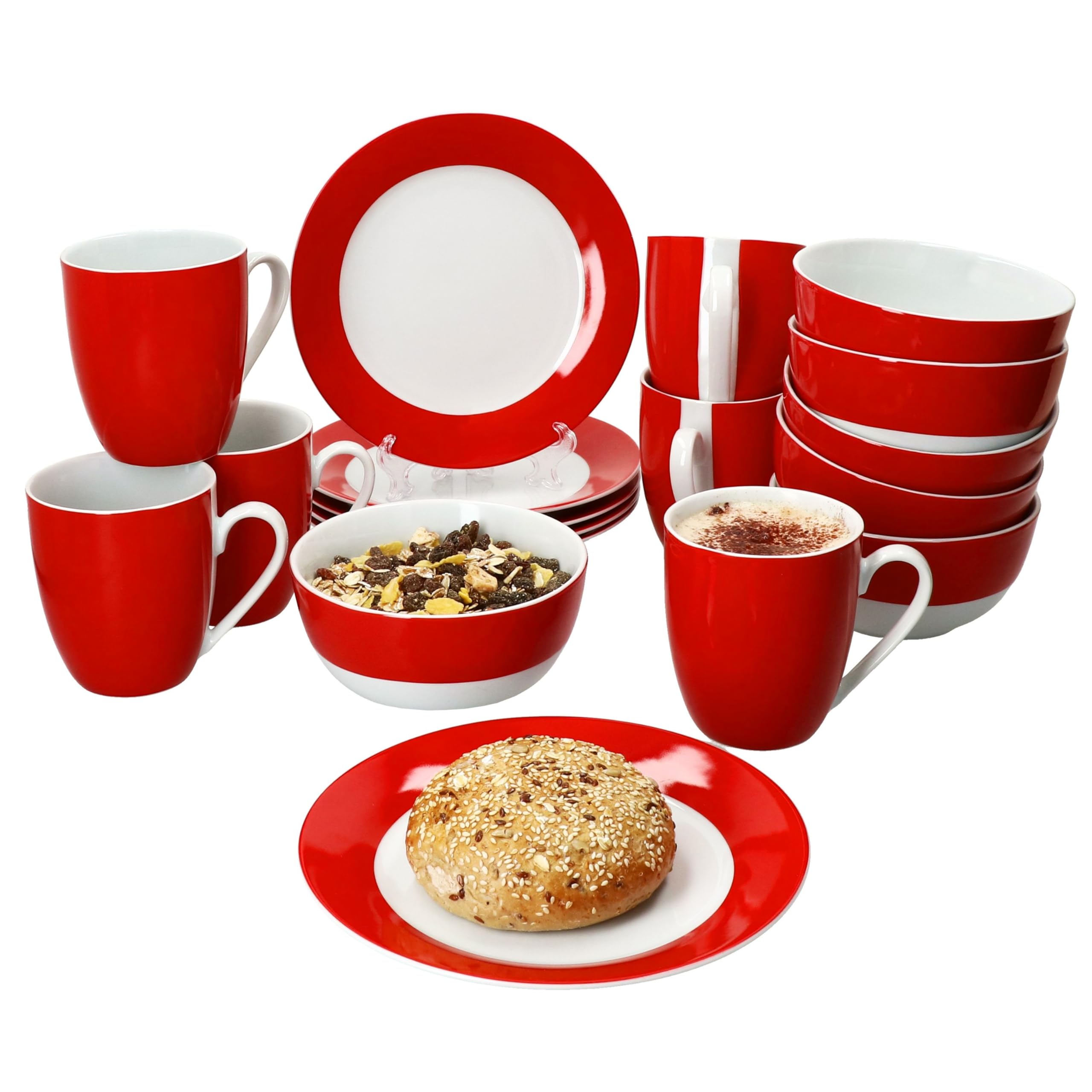 MamboCat Service de petit-déjeuner Variant rouge 18 pièces I 6 petites assiettes, bol 450 ml et tasse à café 350 ml, hauteur 10,3 cm pour 6 personnes I Vaisselle en porcelaine pour le petit déjeuner