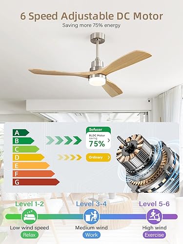 Miniatura 6 de Sofucor Ventilador de techo de perfil bajo con luces con control remoto de 52 pulgadas, ventilador de techo de montaje empotrado moderno con hoja de