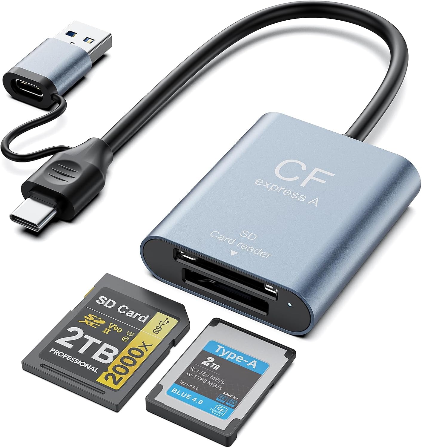 USB3.2 Gen2 10Gbit/s Lecteur de Carte CFexpress Type A et SD, 2 en 1 USB-C et USB-A Lecteur de Carte Mémoire CF Express Type A,CFexpress Type A & SD Card Reader pour Windows/Mac/Linux/Android