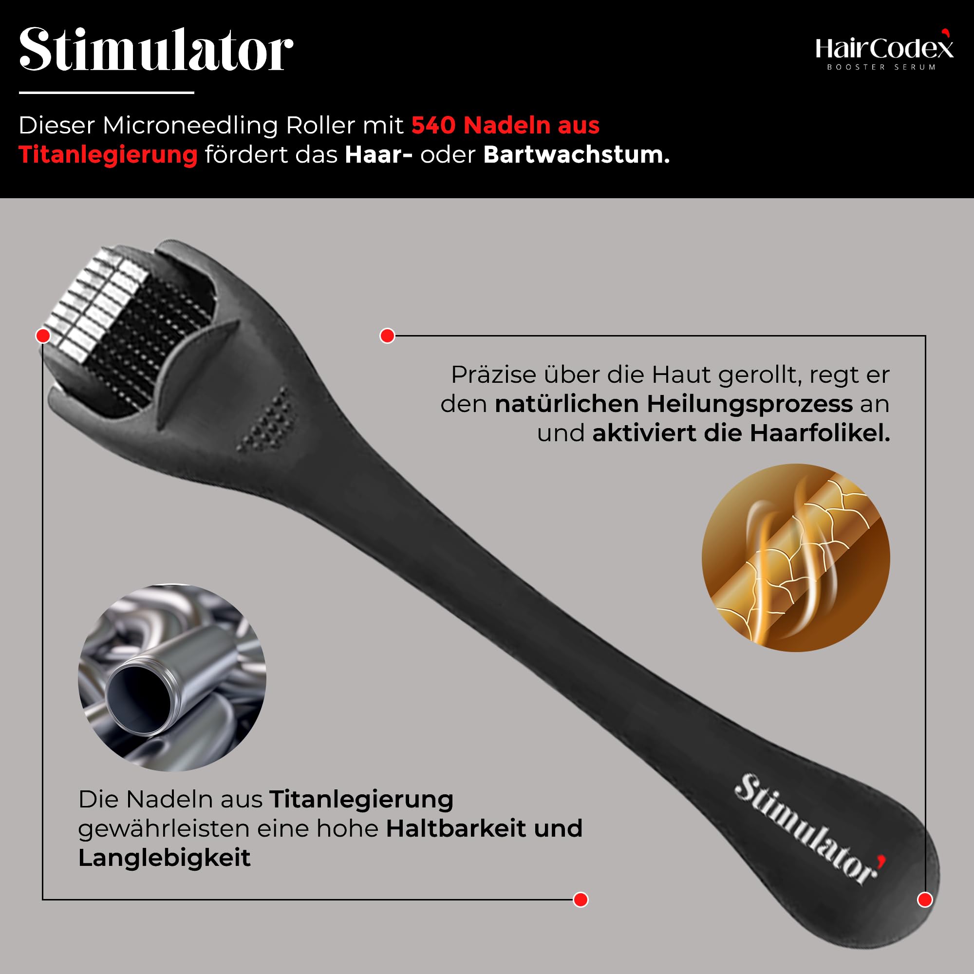 Booster Serum 3x 50ML Haarwuchsmittel mit Biotin und Keratin, 1x HC Stimulator Dermaroller für Haare oder Bart, Erblich Bedingten Haarausfall, 150 ml