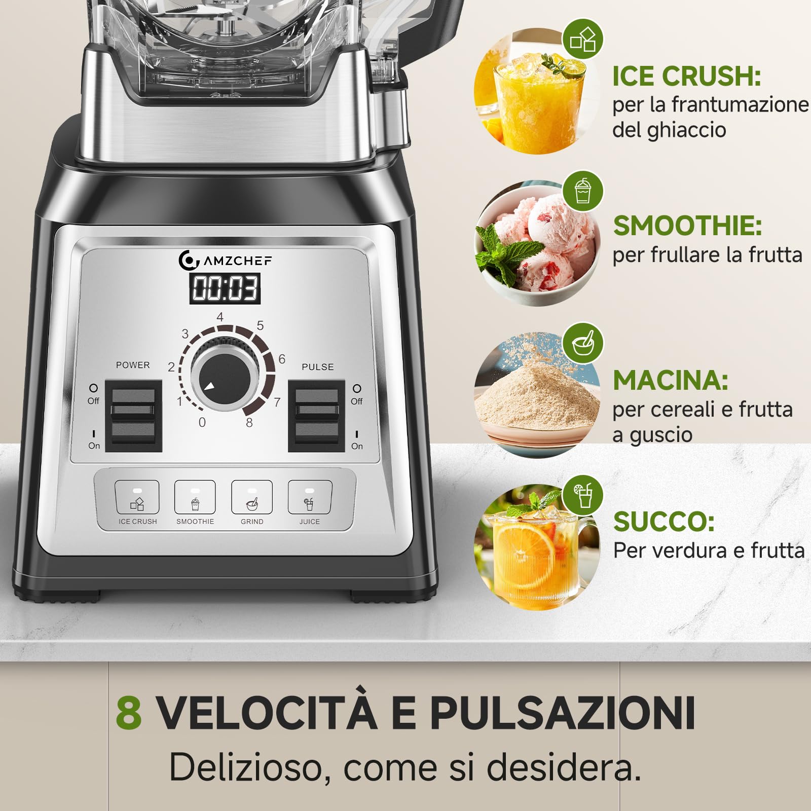 AMZCHEF Frullatore da 2000 Watt, 2 litri, frullatore potente con 8 velocità regolabili e 4 programmi preliminari per ghiaccio tritato, frullati, frullatore per carne, senza BPA