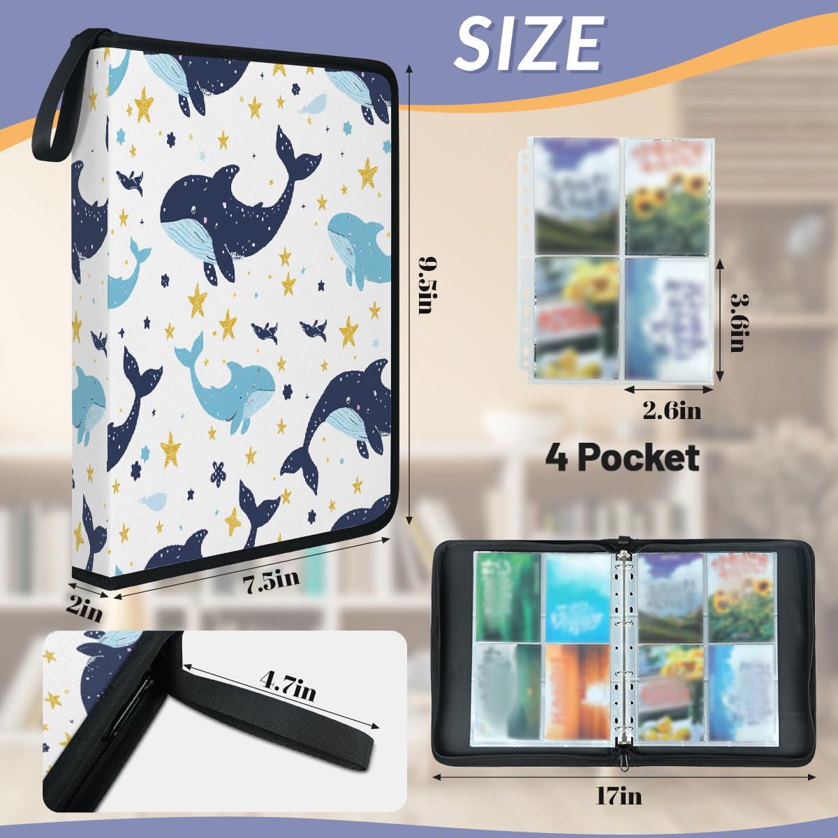 Raccoglitore per carte collezionabili con 4 tasche, 400 tasche, custodia per carte fronte/retro con maniche rimovibili, simpatico cartone animato, delfino, balena, oceano, creature, set di protezioni