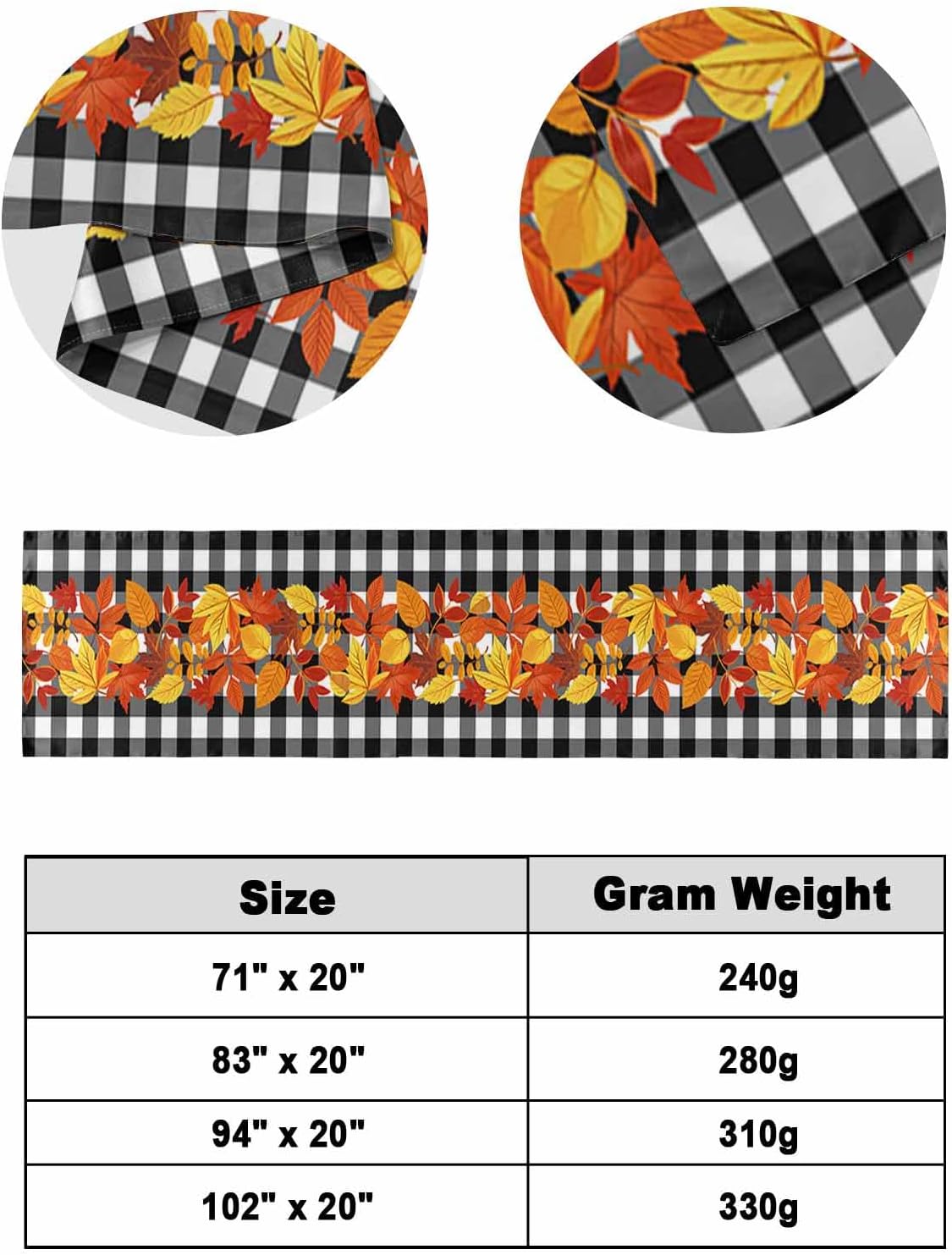 Thanksgiving Bed Runner Scarf Maple Leaves on Bufflao Plaid Black White Bedding Scarf Decorative Bed Runners Cover for Home Bedroom Hotel Wedding Room Bed Scarf for Foot of Bed Queen 83x20in