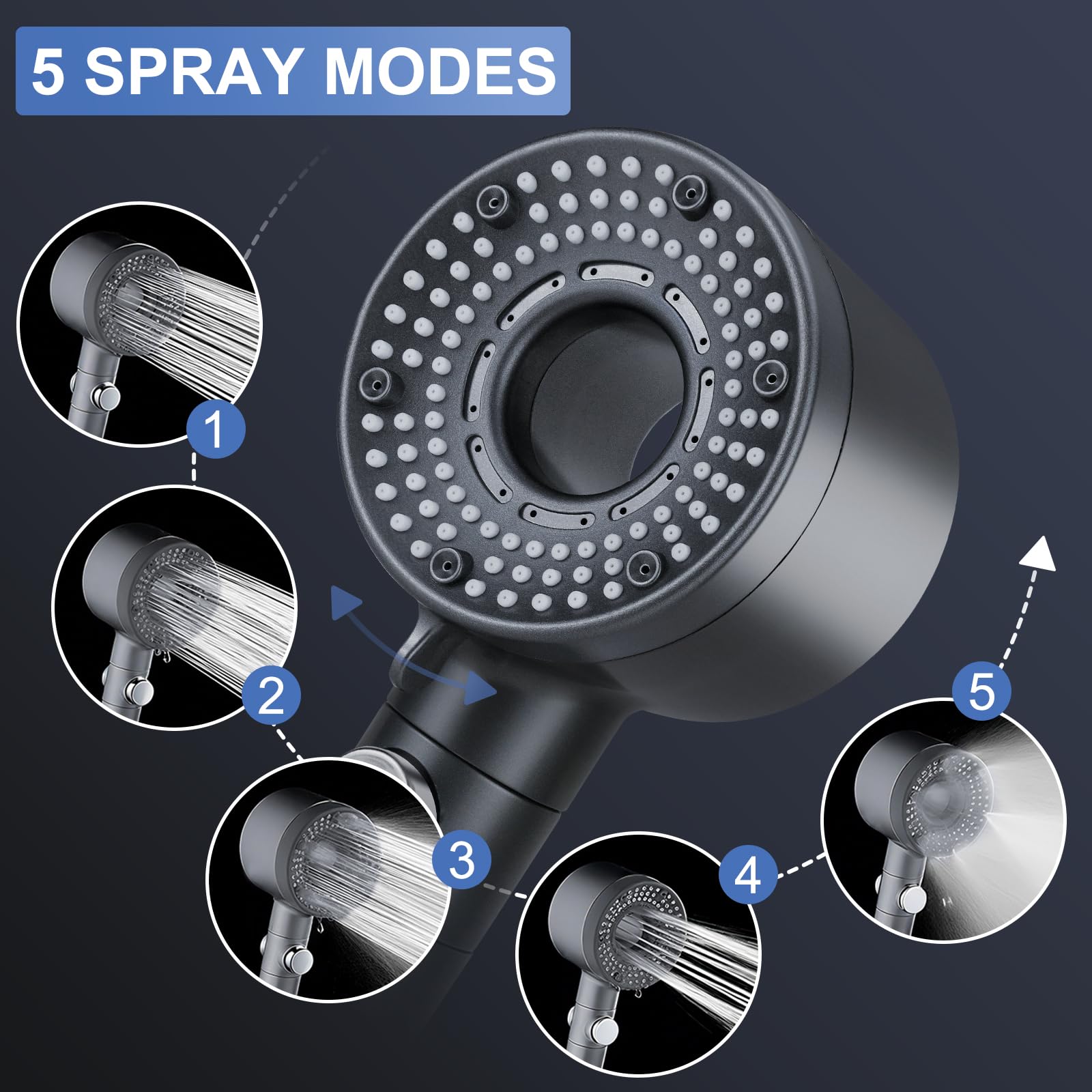 Pommeau de Douche avec Filtre, Pommeau Douche Haute Pression Economie Deau, Anti Calcaire Douchette Salle de Bain avec Tuyau 2M, Shower Head avec 5 Modes de Jet pour l'eau Dure