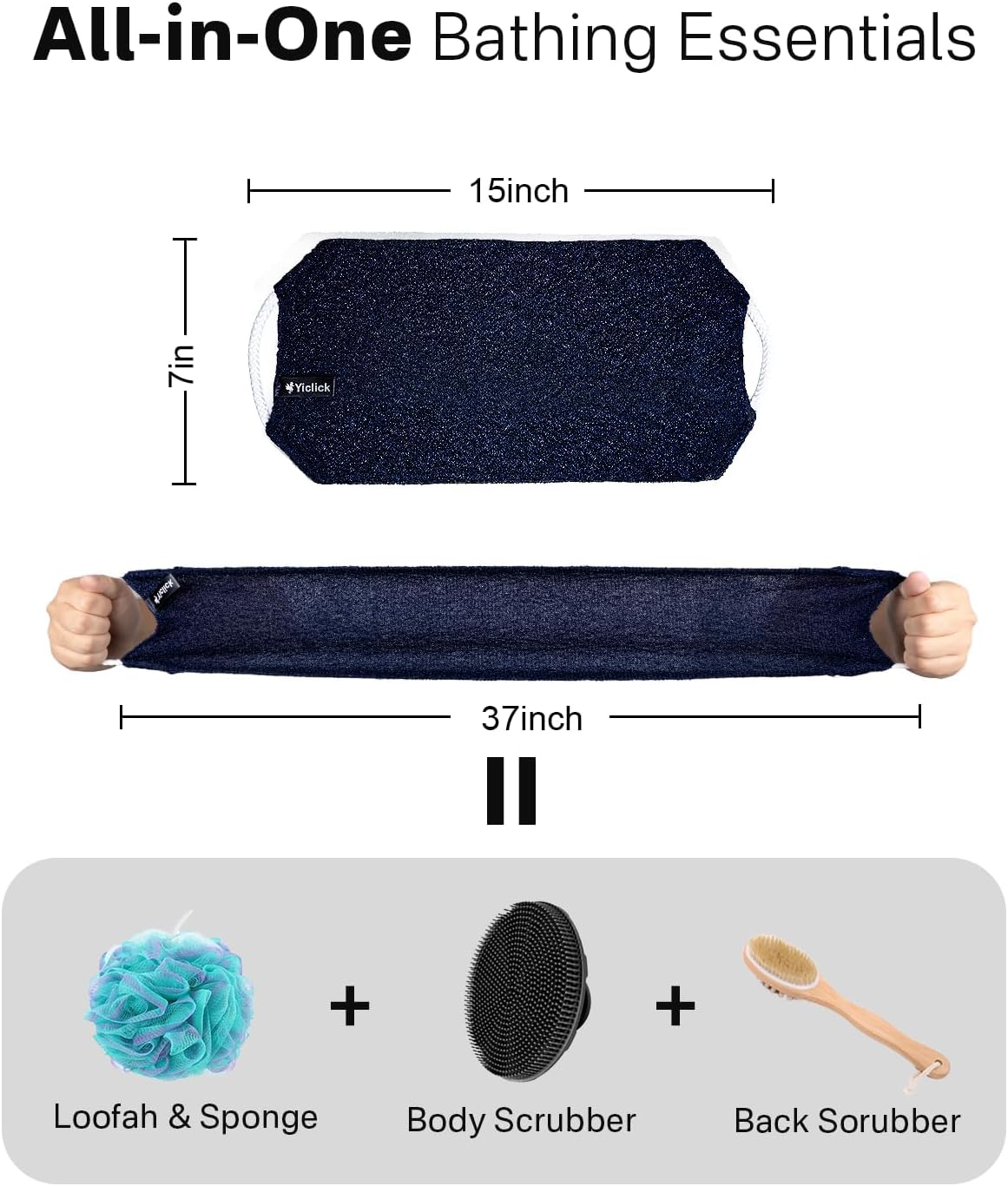 Yiclick Exfoliating Washcloth Towel with Handle, Back Scrubber for Shower, Exfoliating Body Scrubber Exfoliator, Japanese Wash Cloth for Body Scrub, Bath Sponge Loofah Luffa Washer Exfoliator Blue
