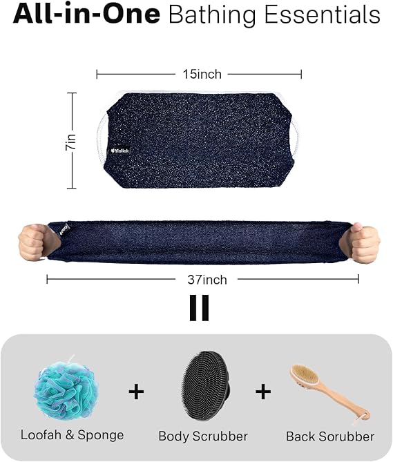 Exfoliating Washcloth Towel with Handle, Back Scrubber for Shower, Exfoliating Body Scrubber Exfoliator, Japanese Wash Cloth for Body Scrub, Bath Sponge Loofah Luffa Washer Exfoliator