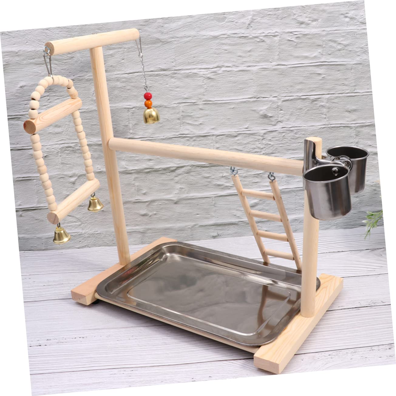 Hohopeti Area Giochi per Pappagalli in Legno Scala e Altalena | Ciotola in Acciaio Inox, Pendente Campanella, per Gabbia e Giardino Colore Casuale