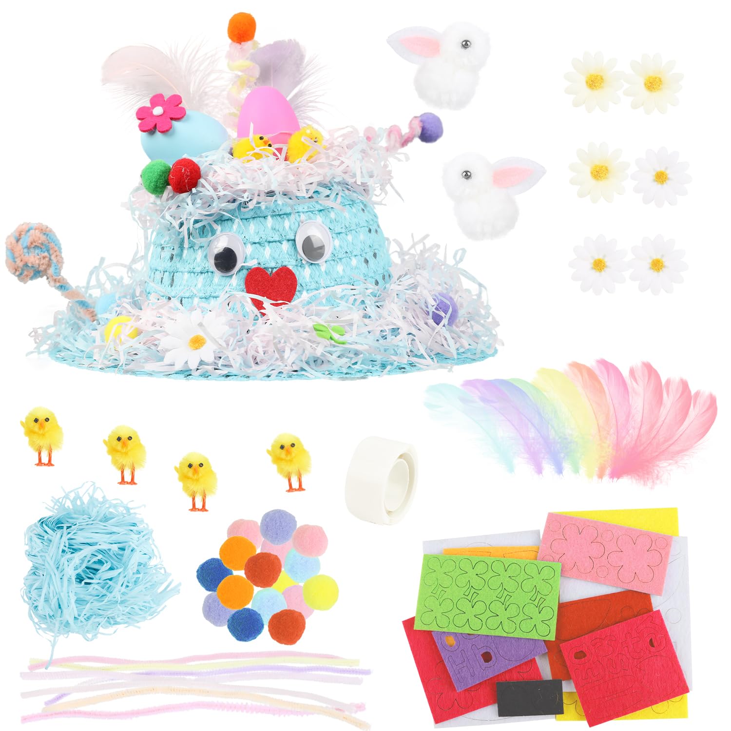 JOFONY Easter Bonnet Kit, DIY Easter Bonnet Kit Kids Easter Bonnet Hat Make Your Own Easter Hat, Easter Hat for Easter Craft Supplies(Blue)