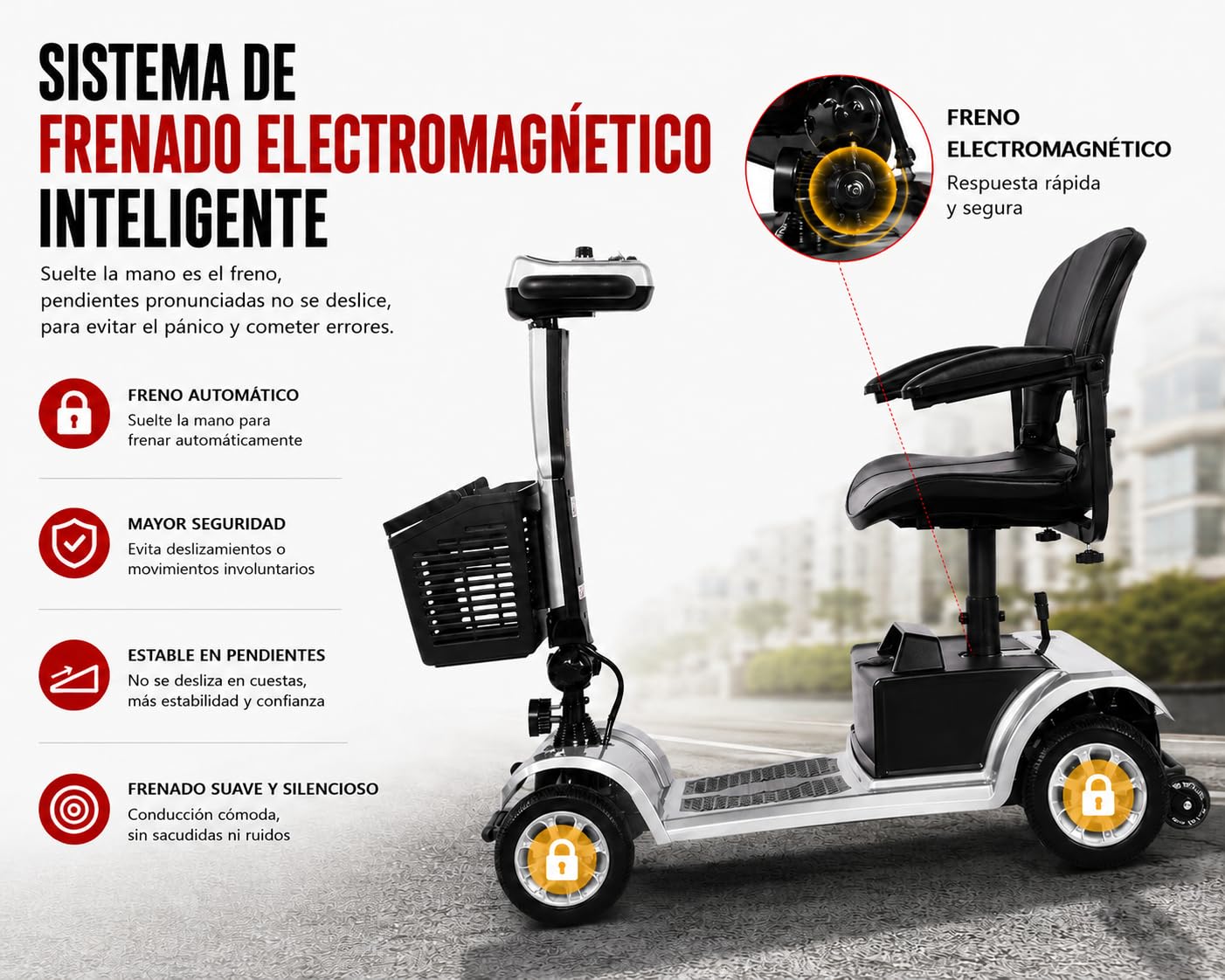 Scooter de Movilidad Plegable 4 Ruedas 35 km Plata | Autonomía de hasta 35 km, capacidad máxima de 190 kg y asiento giratorio cómodo.