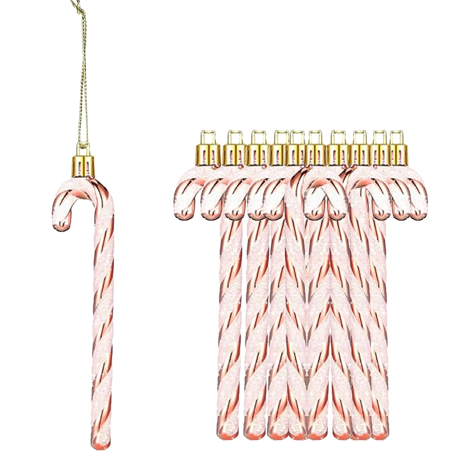 12Pcs Glitter Candy Cane Christmas Tree Decorations Christmas Plastic Candy Cane Tree Hanging Ornament for Holiday Party Decoration Favor (Rose Gold)