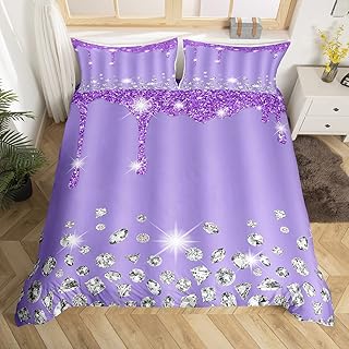 Silver Glitter Print (No Glitter) Bedding Set Bling Party Decorations Purple Comforter Cover for Girls Diamond Jewelry Duvet Cover Bedspread Cover Quilt Cover Full