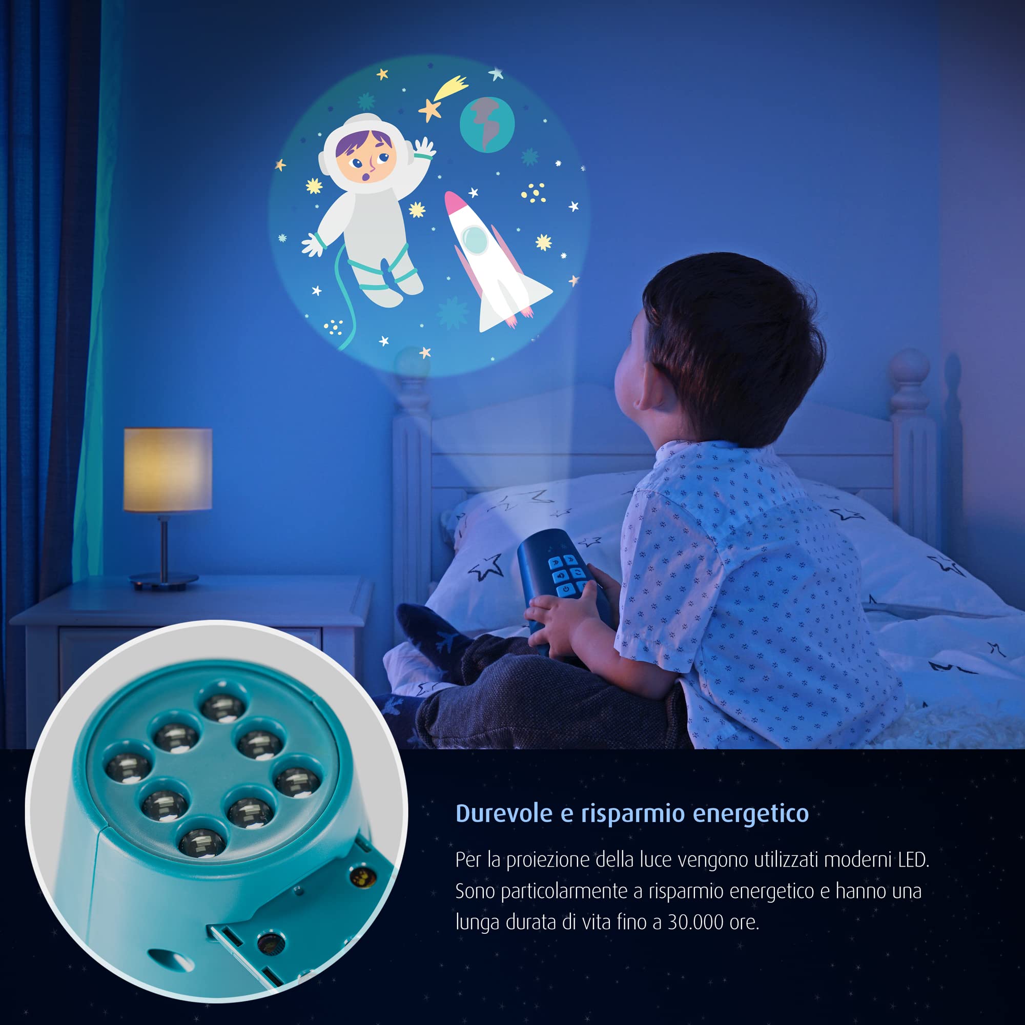 reer DreamBeam - Luce notturna con 24 immagini diverse, crea paesaggi da sogno su soffitto e parete, colore: Bianco