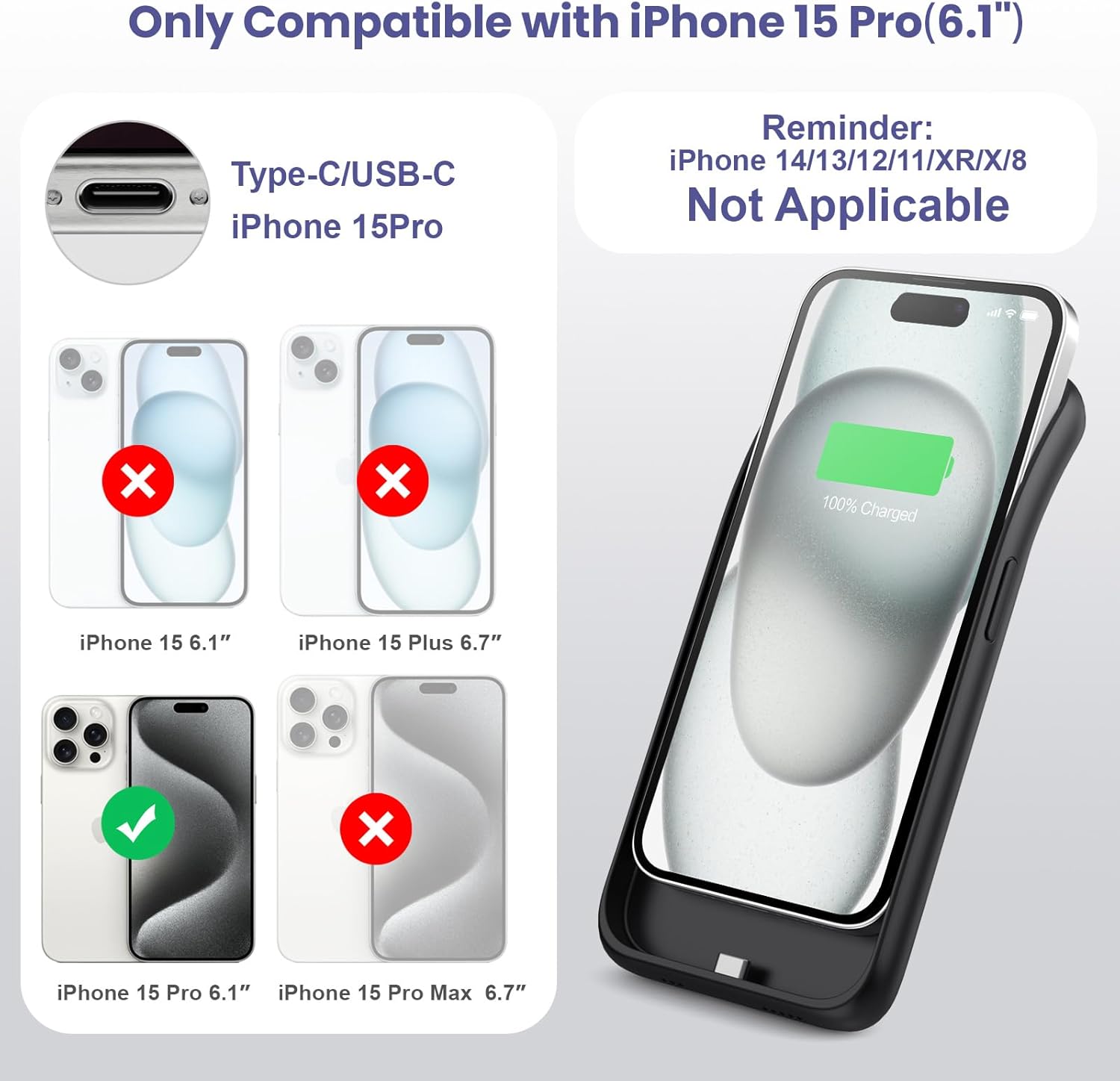Feob Battery Case for iPhone 15Pro (6.1Inch), Real 7500mAh Ultra Slim Portable & 15W Fast Charging, Rechargeable Protective Extended Charger Case Cover Only for iPhone 15Pro Charging Case-Black