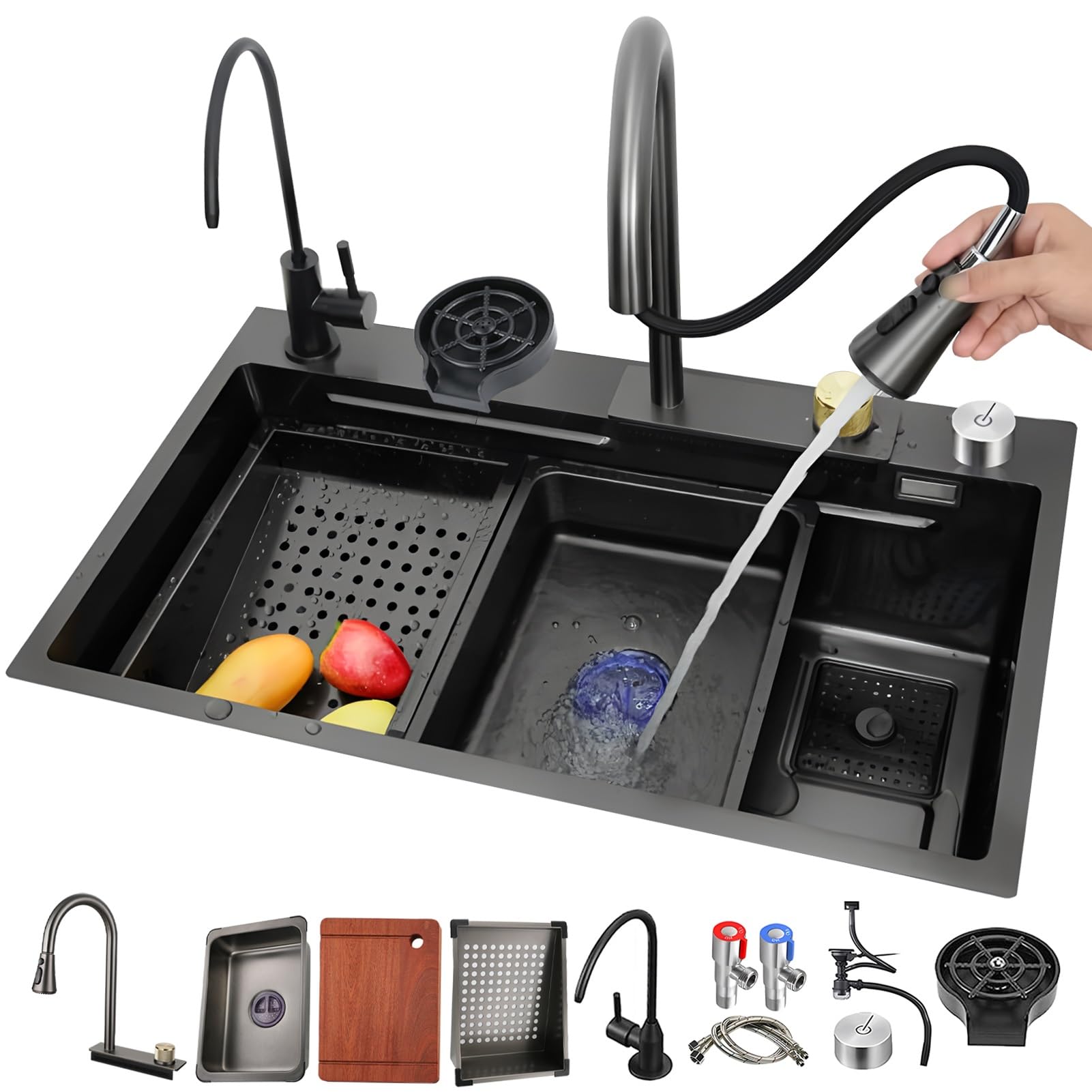 AYCDL Stainless Steel Workstation Kitchen Sink with Black Waterfall Faucet PullOut Tap Cutting Board & Full Accessories 70x50cm Single Bowl Design,Black-a-70x50cm