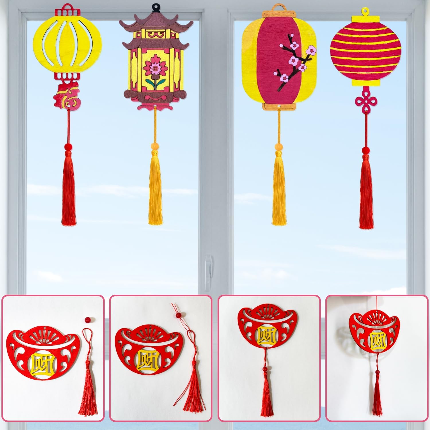 Chinese Lunar New Year Latern Holiday Wooden Hanging Ornaments Kit, 12 Set image 3