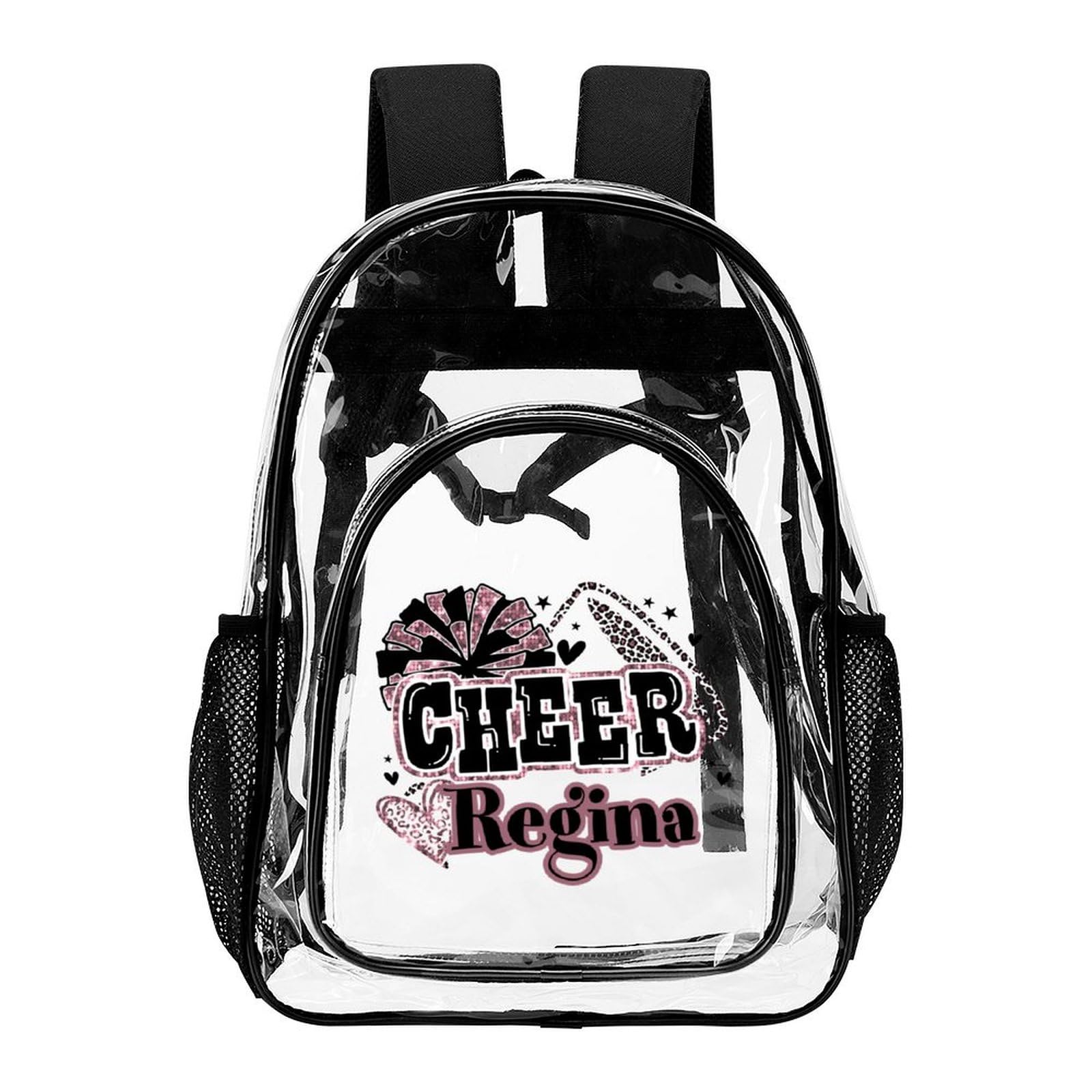 SHYESOP-ey Cheer Cheerleader Clear Backpack PVC See Through Transparent Backpack Cheerleading Book Bag for Cheer Team Coaches Girls Gift (Pink)