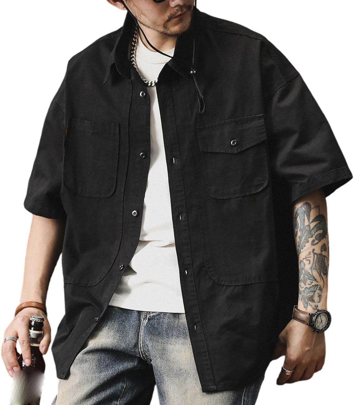 Men's American Vintage Cotton Short Sleeve Work Shirt Button Down Relaxed Fit