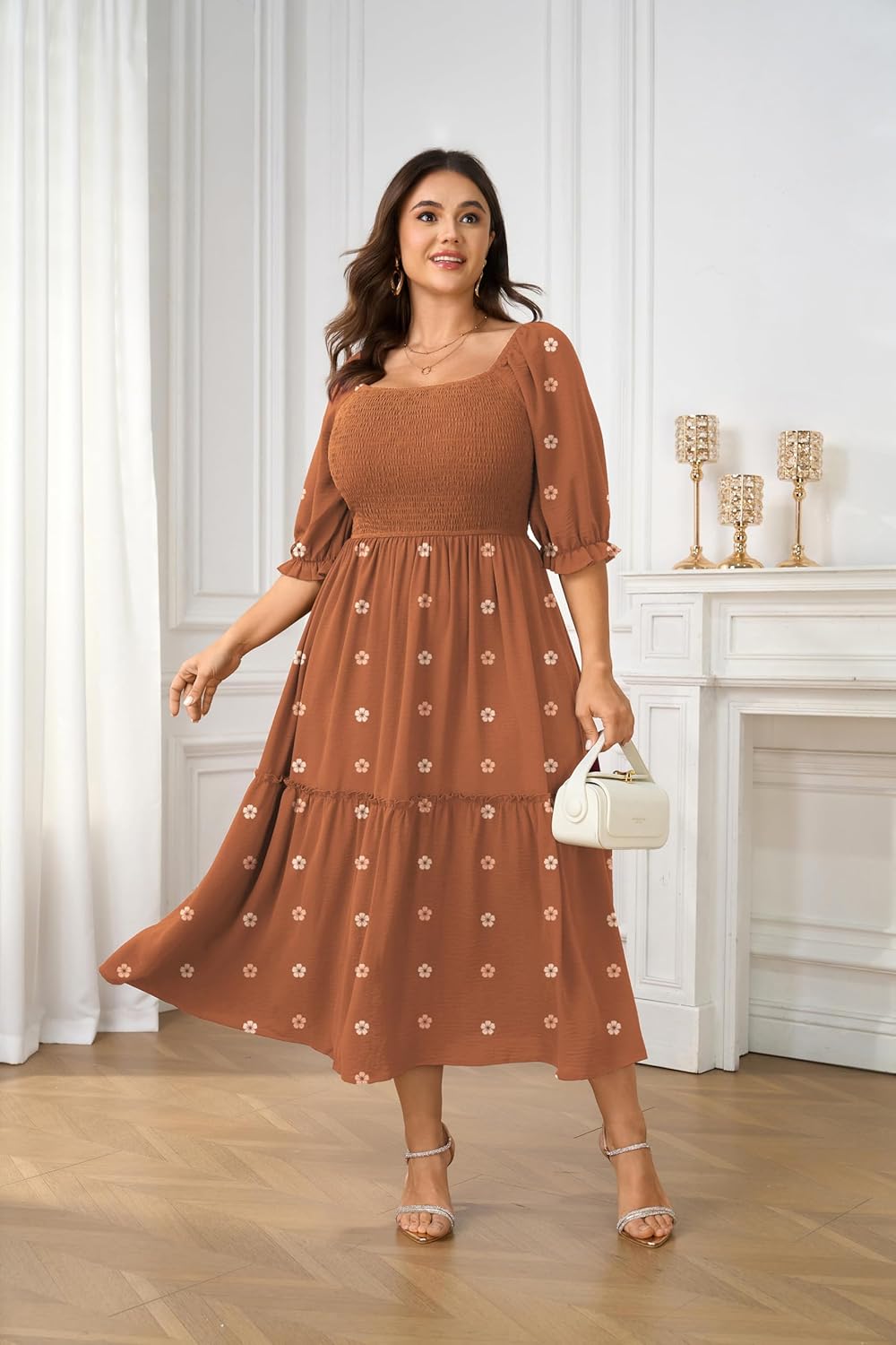 Women's Plus Size Maxi Dress Puff Short Sleeve Square Neck Floral Casual Boho Tiered Smocked Ruffle Flowy Long Dresses - Image 5