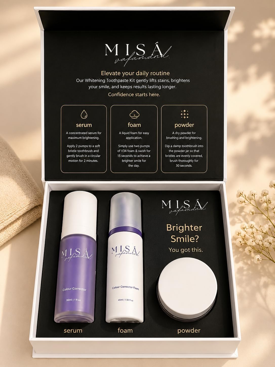 Premium Teeth Whitening kit- Professional At-Home Whitening System with Color Corrector serum, whitening Foam & Powder