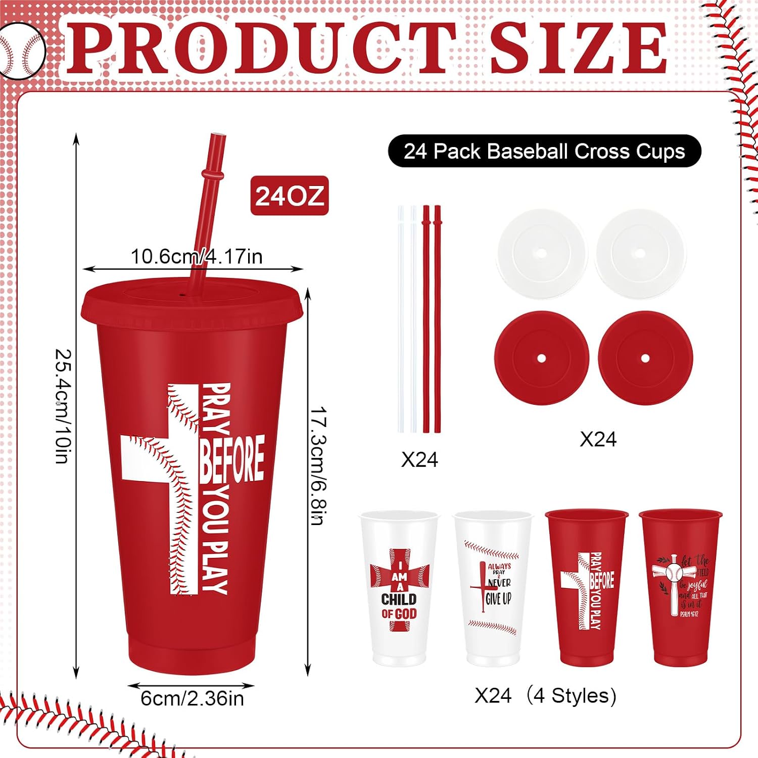 Remerry 24 Pack Baseball Cross Cups with Lids and Straws, Cross Baseball Party Favor, 24oz Christian Religious Bible Verse Cups Reusable Plastic Drink Tumbler Bulk for Sport Team Gift Decor Supply