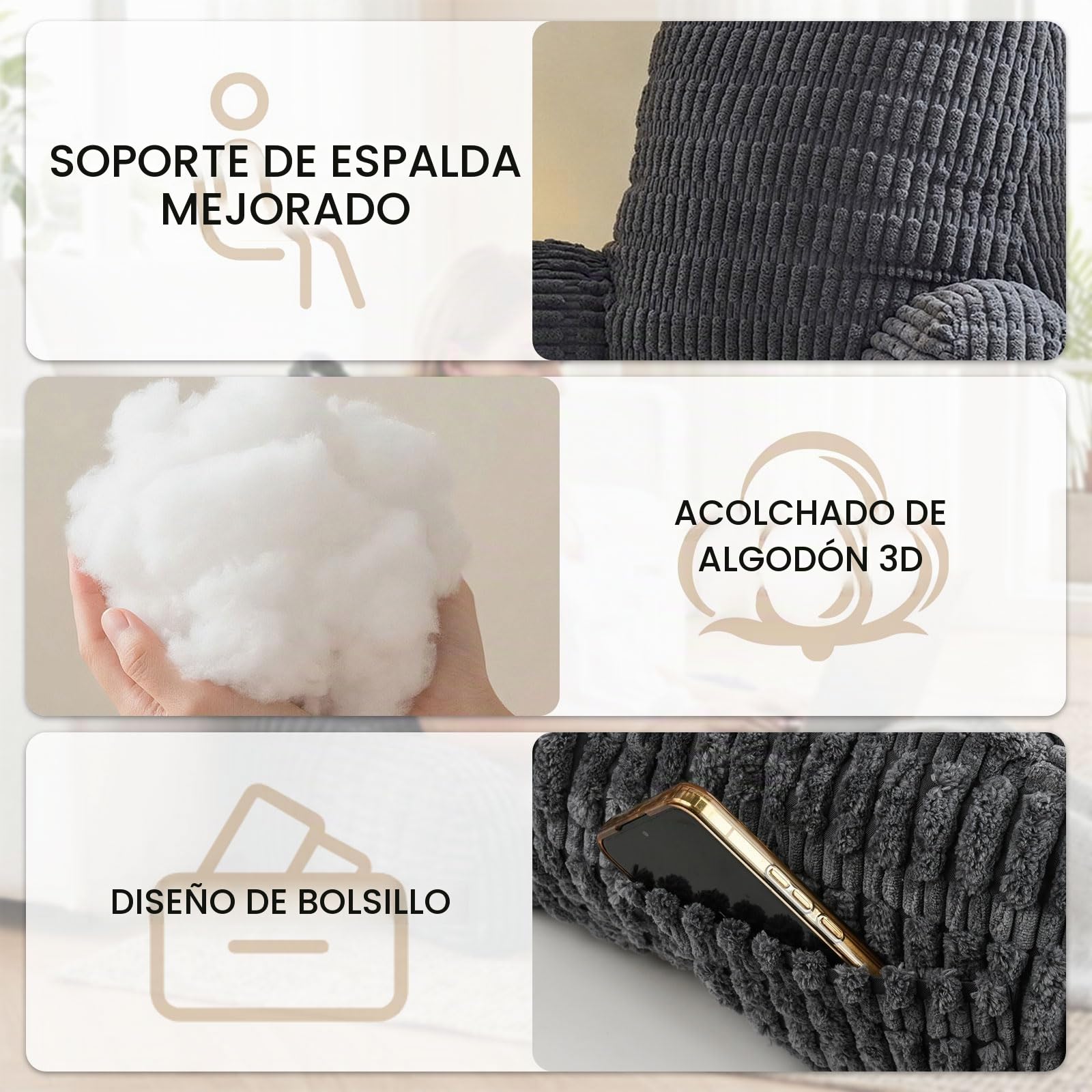 Cojín de Lectura, Cojín de Respaldo y Apoyo Lumbar para Cama y Sofá, Cojín Cómodo y Suave para Sentarse, Leer y Ver la TV