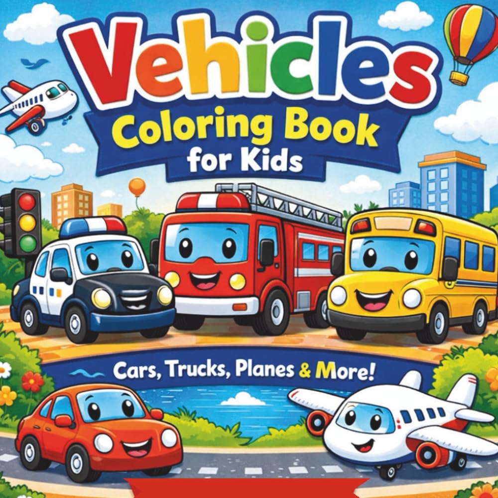 Vehicles Coloring Book for Kids Ages 4–8: Fun Cars, Trucks, Planes & Buses to Color: Cute Cars, Trucks, Airplanes & More | Fun Coloring Pages for Boys & Girls