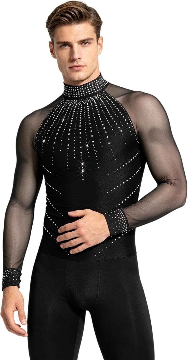 Men Long Sleeve Rhinestones Figure Skating Bodysuit Gymnastics Leotards Ballet Dance Unitard