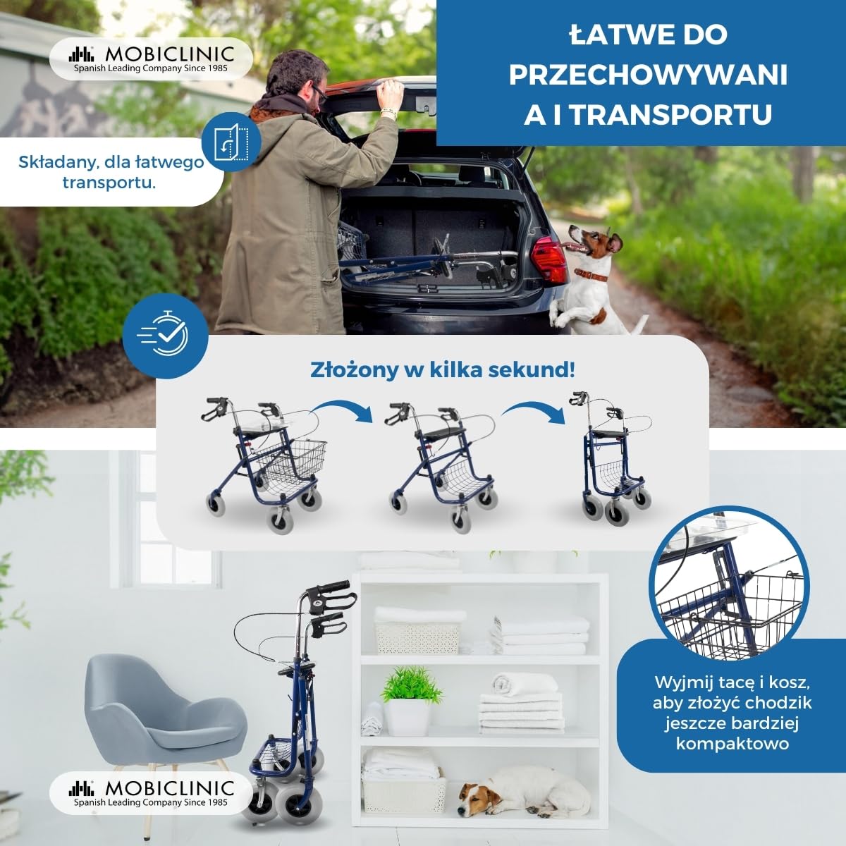 Mobiclinic, Rollator dla seniorów, Victoria, Składany, Aluminium, Regulacją wysokości, Wyściełanym siedziskiem i oparciem, Hamulce z dźwigniami, Taca kosz, Starszych, 4 kółka, Lekki