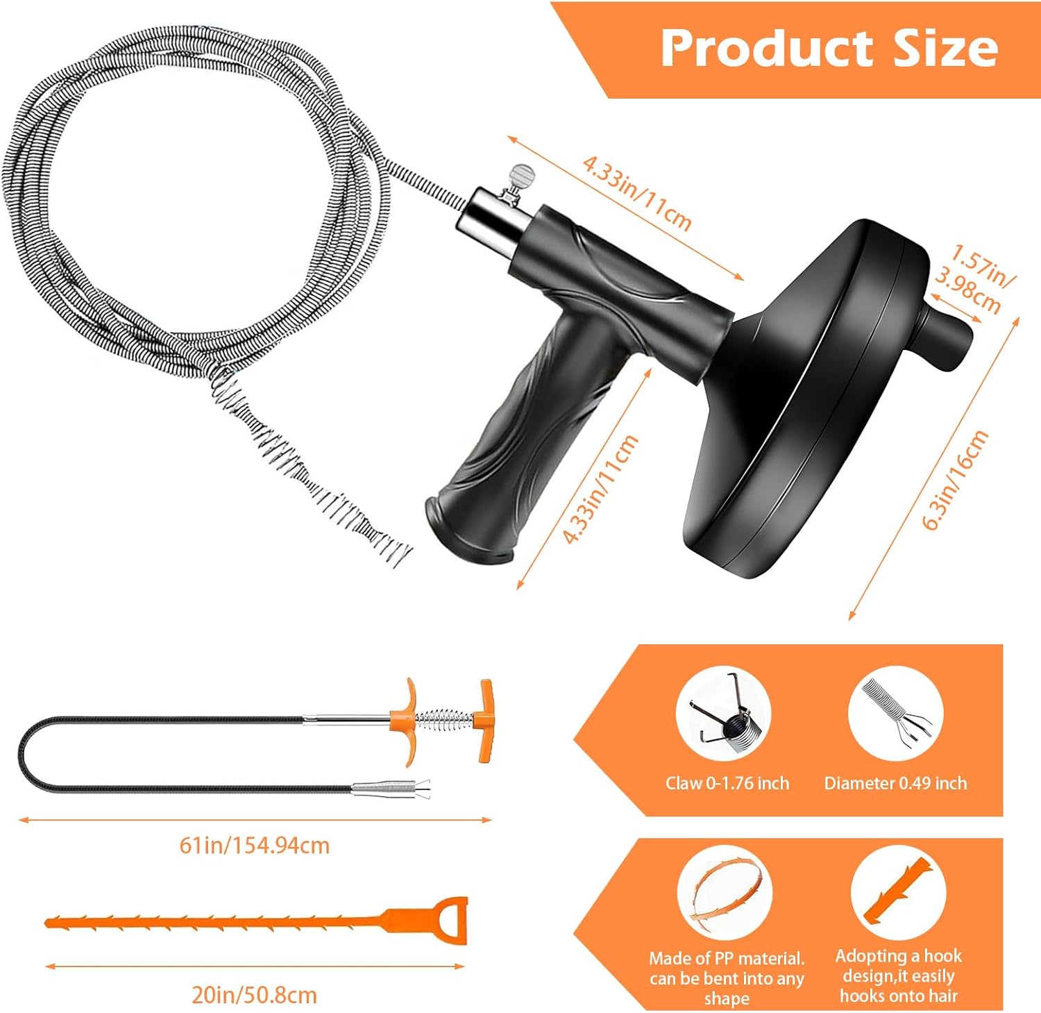 Drain Auger 33 Feet, Plumbing Snake Hair Clog Removal Tool, 6 in 1 Heavy Duty Toilet Auger, Clog Remover Tool for Bathroom Kitchen Tub Shower Drain Clog Remover with Gloves and Plastic Hair Snake