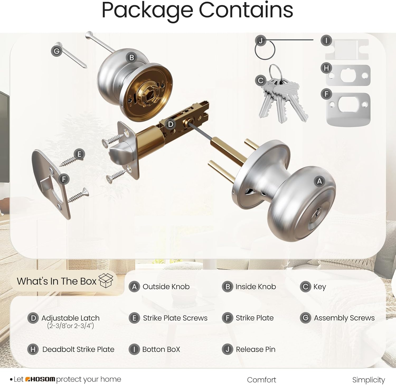 HOSOM 6 Pack Door Knob with Lock and Key, Keyed Entry Door Knob, Exterior and Interior Door Lock for Front Door Commercial and Residential Area, Entry Door Handle for Bedroom and Bathroom