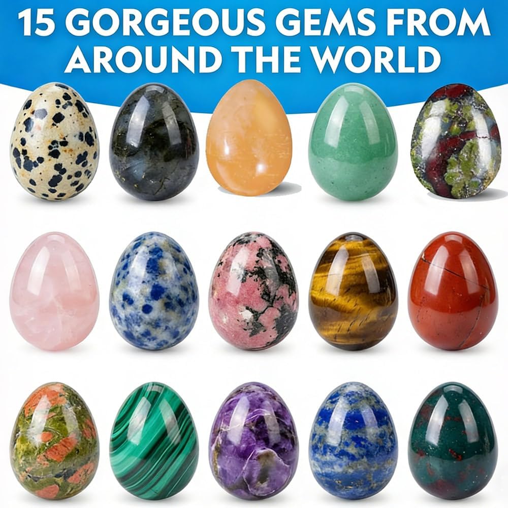 Easter Gifts for Kids - 15 pcs Egg-Shaped Gemstones Rocks Crystals Collection with Card and Geology Guide, Easter Basket Stuffers Egg Hunt Party Favors Science Kit Gift for Boys and Girls