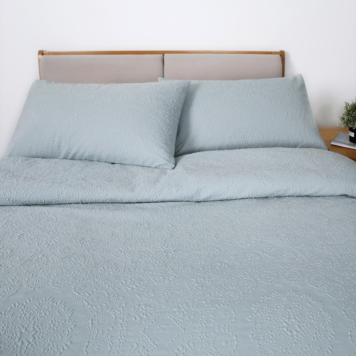Chlophy Duck Egg Blue Duvet Sets King Floral Duvet Cover Damask Mandala Textured Embossed Medallion Bohemian Jacquard Garland Light Blue - Image 4
