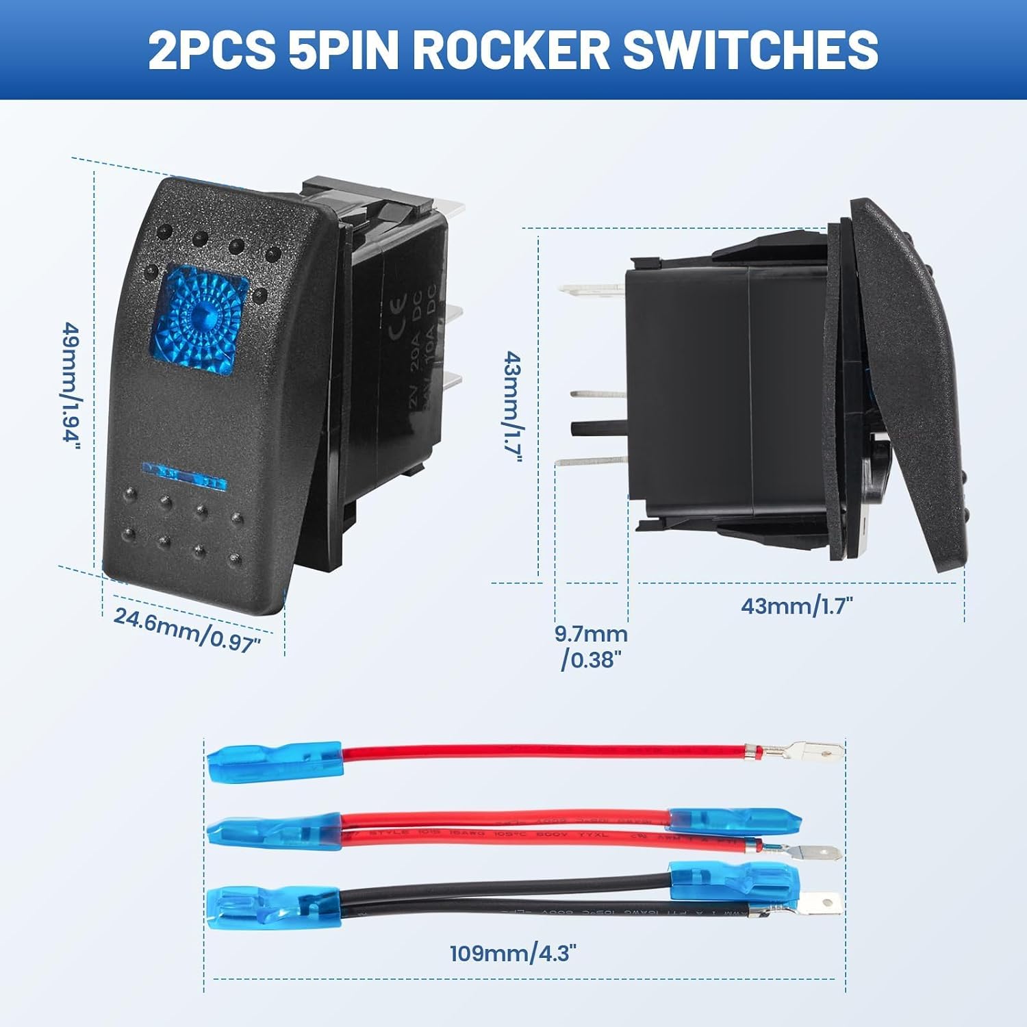Anina 2PCS Rocker Switches 5Pin SPST 20A/12V 10A/24V ON/Off with 2 Set Jumper Wires, Dual Blue LED Light Waterproof Boat Marine Toggle Switch 2 Positions for Trucks Auto Motorcycle ATV UTV RV Camper