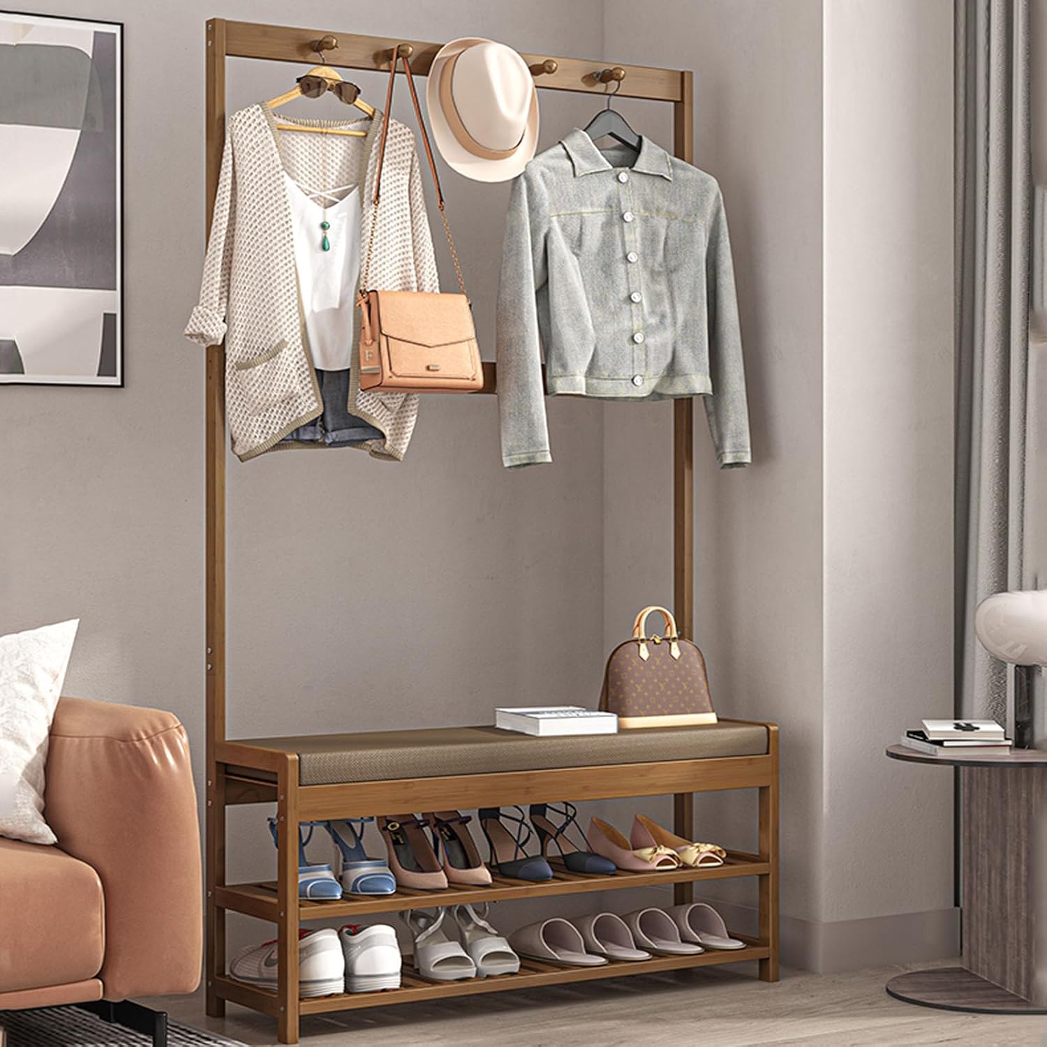 Hall Tree with Coat Rack and Storage Bench, Multifunctional Coat Rack with Entryway Bench,Freestanding Home Organizer for Entryway, Bedroom,Size,50-90cm (A 90cm)