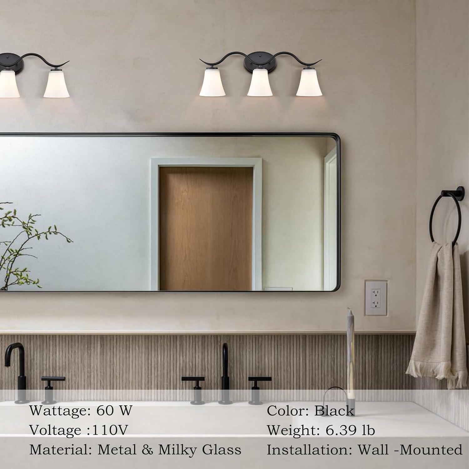 Moose Rimini Black Vanity Light Farmhouse Bathroom Light Fixture Black Wall Sconce with Frosted Glass for Bathroom,Powder Room,Hallway 3-Light