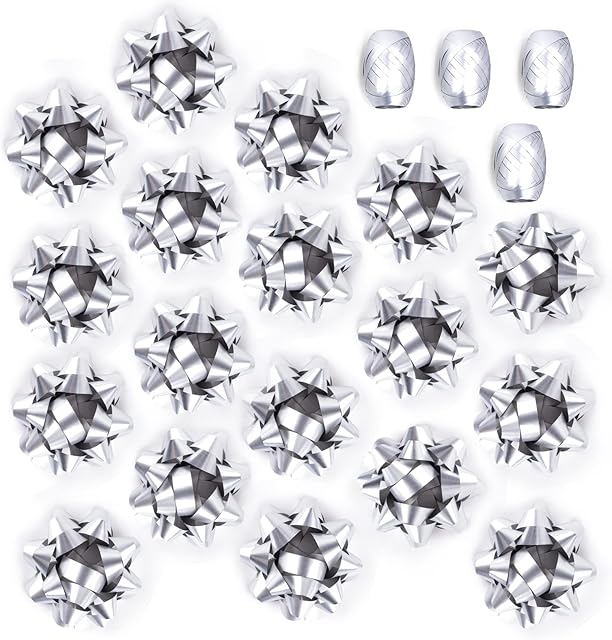 MAYPLUSS 3.5" Matte Silver Gift Bow Assortment (18 Bows, 4 Spools of Ribbon), Perfect for Christmas, Birthday, Holiday, Party Favors Decorations