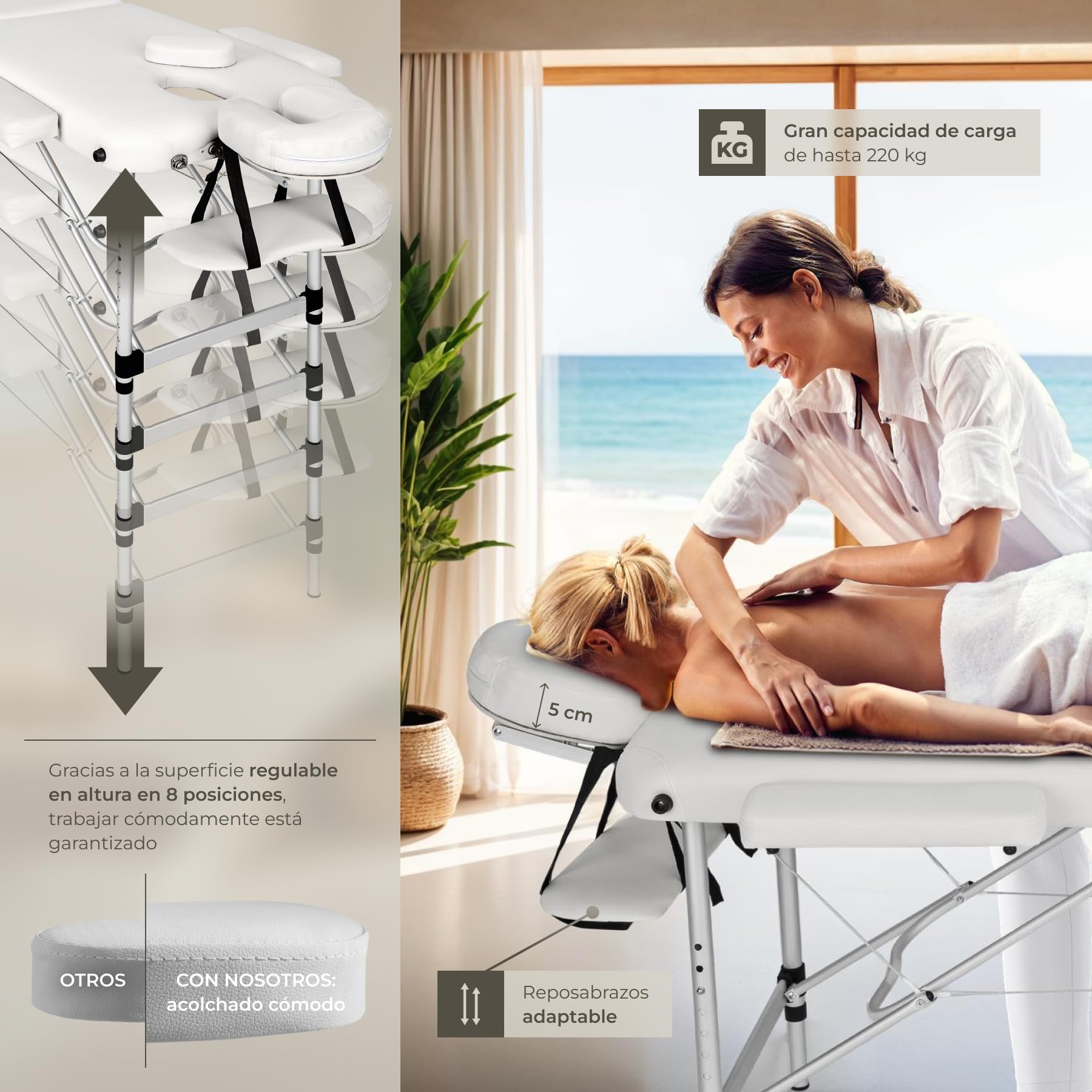 tectake® Camilla de Masaje Plegable de Aluminio, Estética Profesional para Quiromasaje, Tatuajes, Reiki y Fisioterapia - Altura Ajustable, 3 Zonas, con Bolsa de Transporte - Blanco